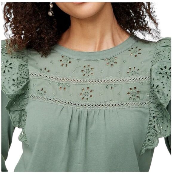 J Crew Top Women’s M Green Long-sleeve Eyelet Ruffle Cotton BN638 Modest Dainty - Picture 4 of 13